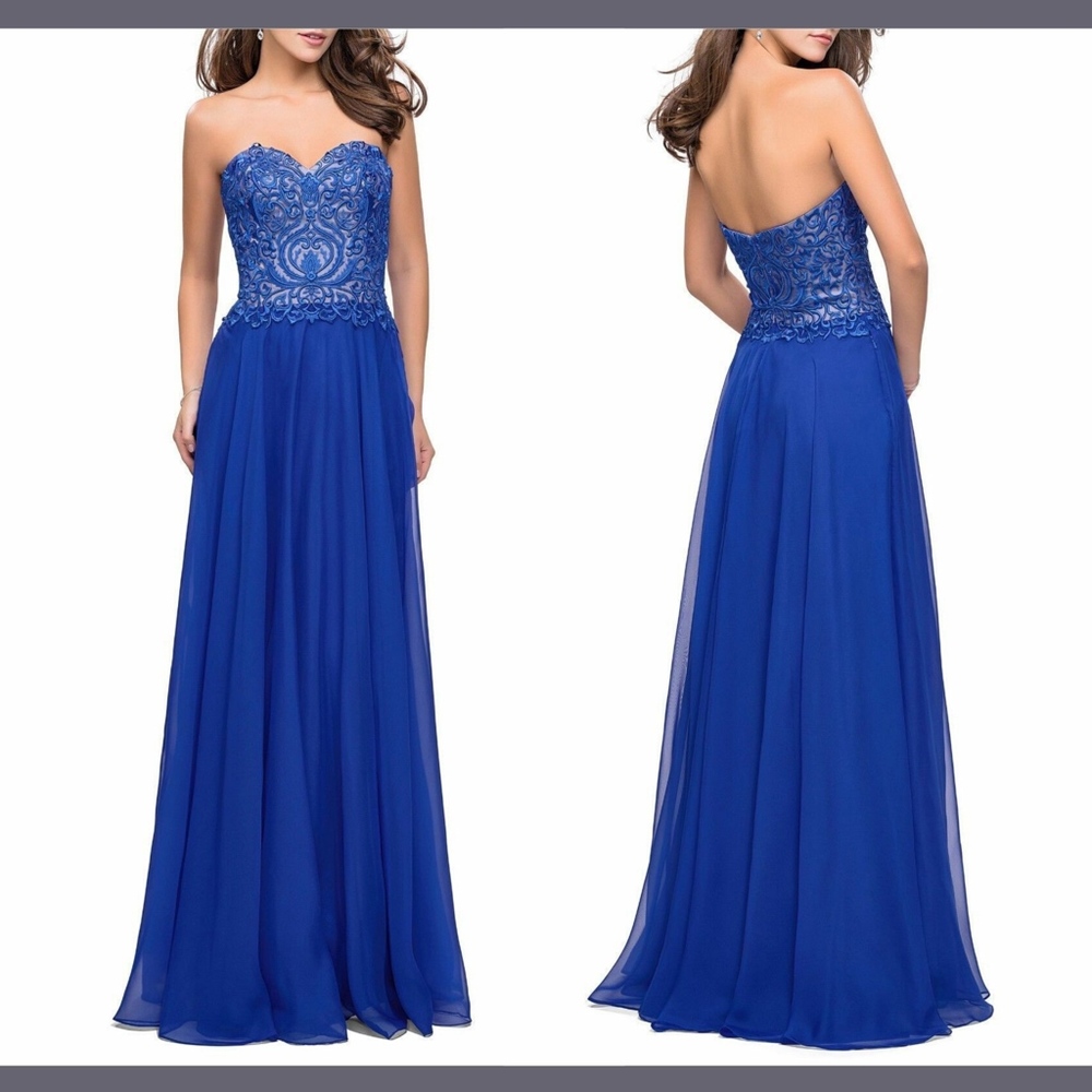 NWT La Femme Strapless Embroidered Chiffon Gown in Royal Blue [SZ 4‎ ]